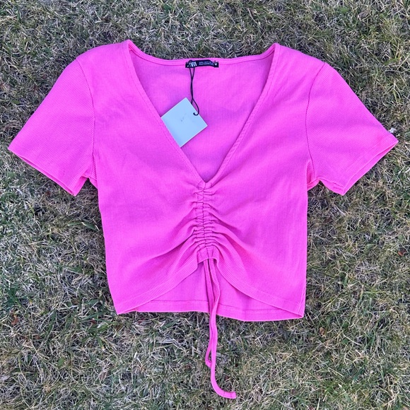 Zara Hot Pink Ruched Cleavage V-neck Short Sleeve SS Ribbed Tie Front Crop Top - Picture 1 of 9